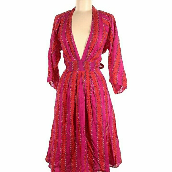 Wayward Fancies Dresses & Skirts - Wayward Fancies Deep Plunge Cotton Pink and Red Midi Dress Medium